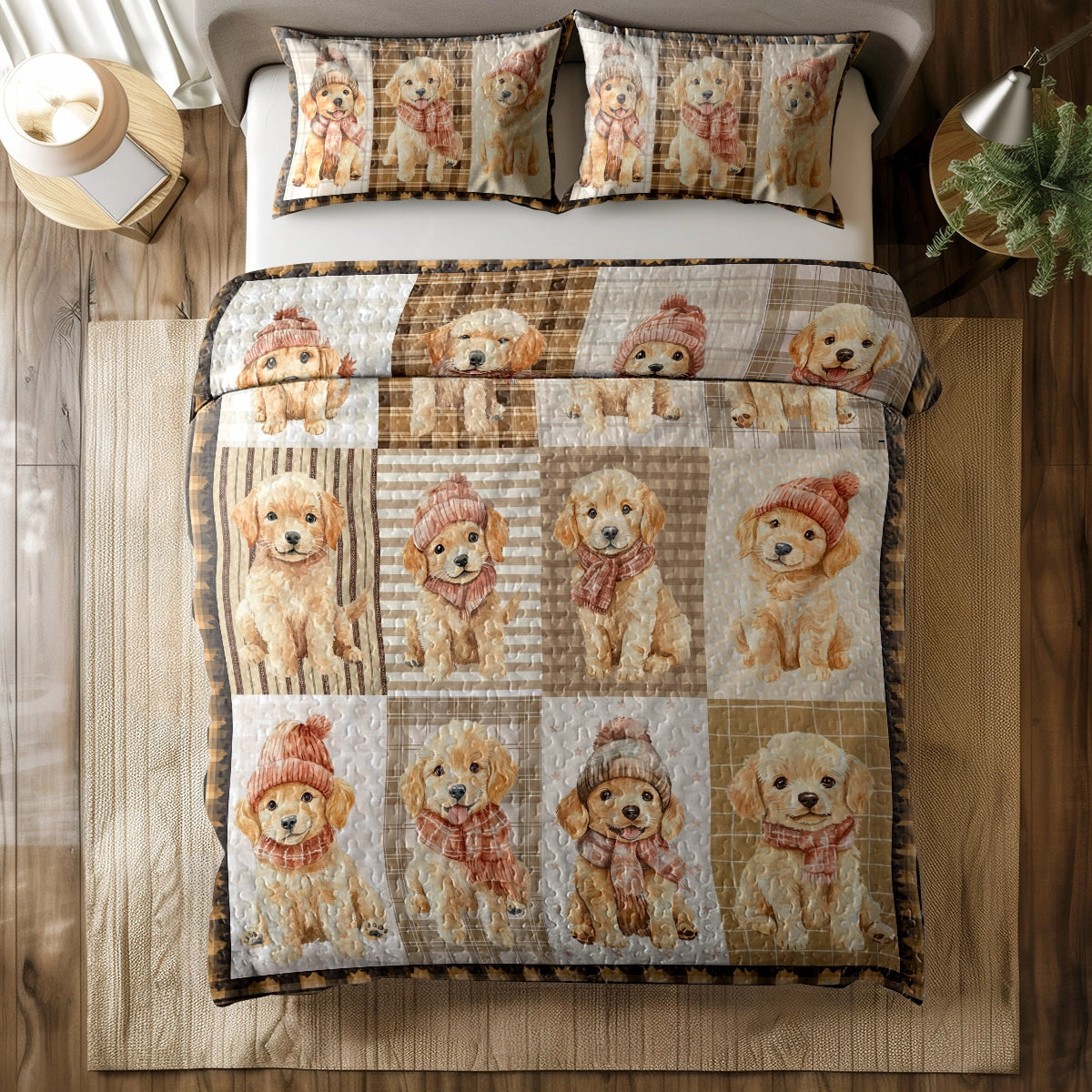 Shineful All Season Quilt 3-Piece Set Golden Retriever Puppies Cozy Moments