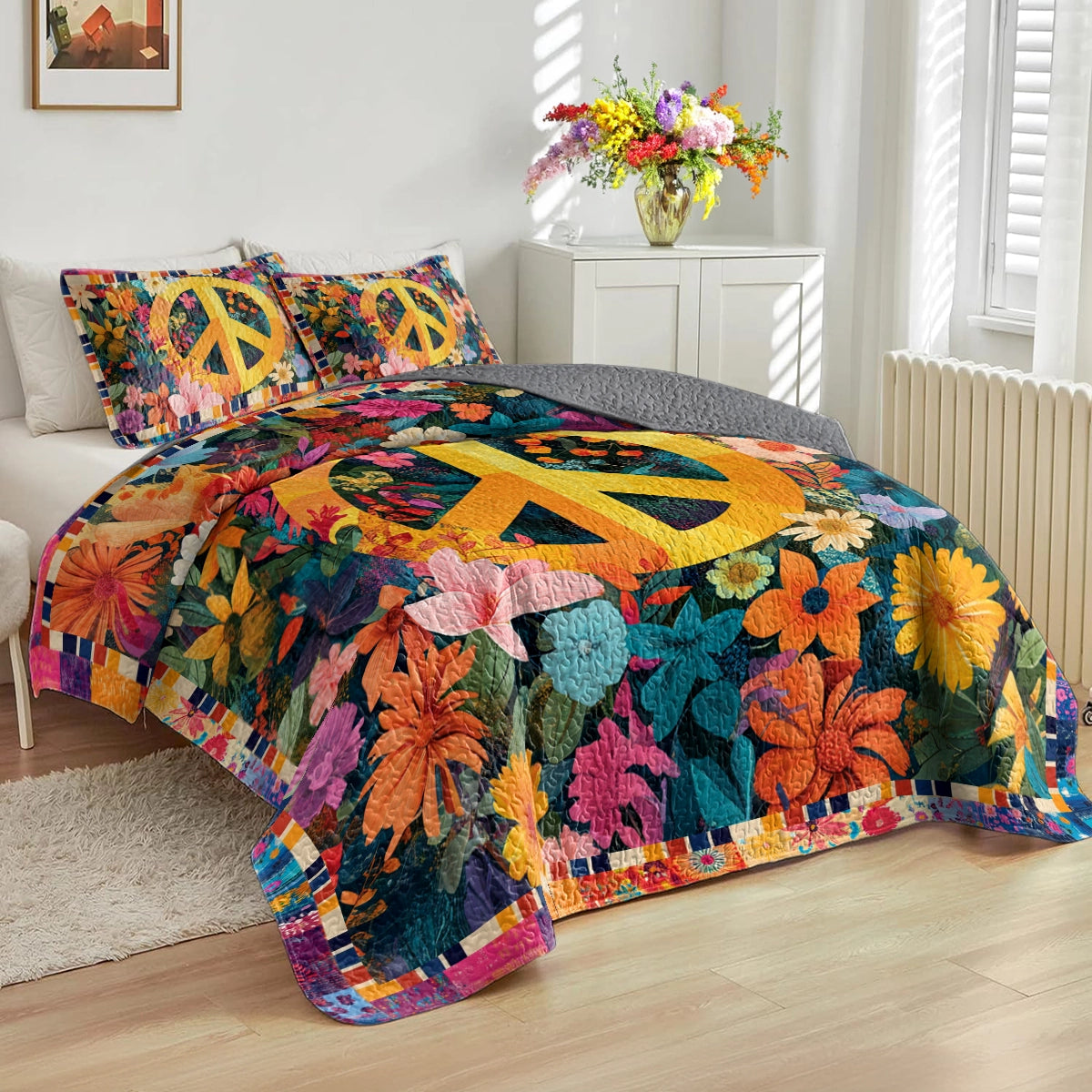 Shineful All Season Quilt 3-Piece Set Retro Love & Peace