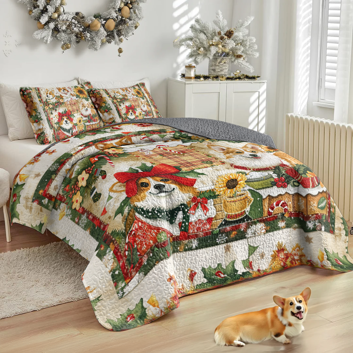 Shineful All Season Quilt 3-Piece Set Merry Corgi Christmas