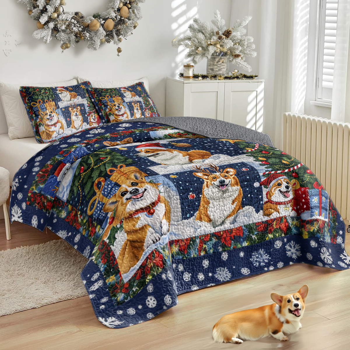 Shineful All Season Quilt 3-Piece Set Christmas Corgi Love