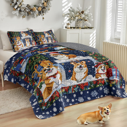 Shineful All Season Quilt 3-Piece Set Christmas Corgi Love