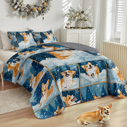 Shineful All Season Quilt 3-Piece Set Happy Snowy Corgi