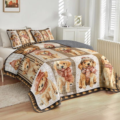 Shineful All Season Quilt 3-Piece Set Golden Retriever Puppies Cozy Moments