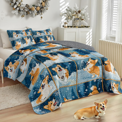 Shineful All Season Quilt 3-Piece Set Winter Corgi Joy