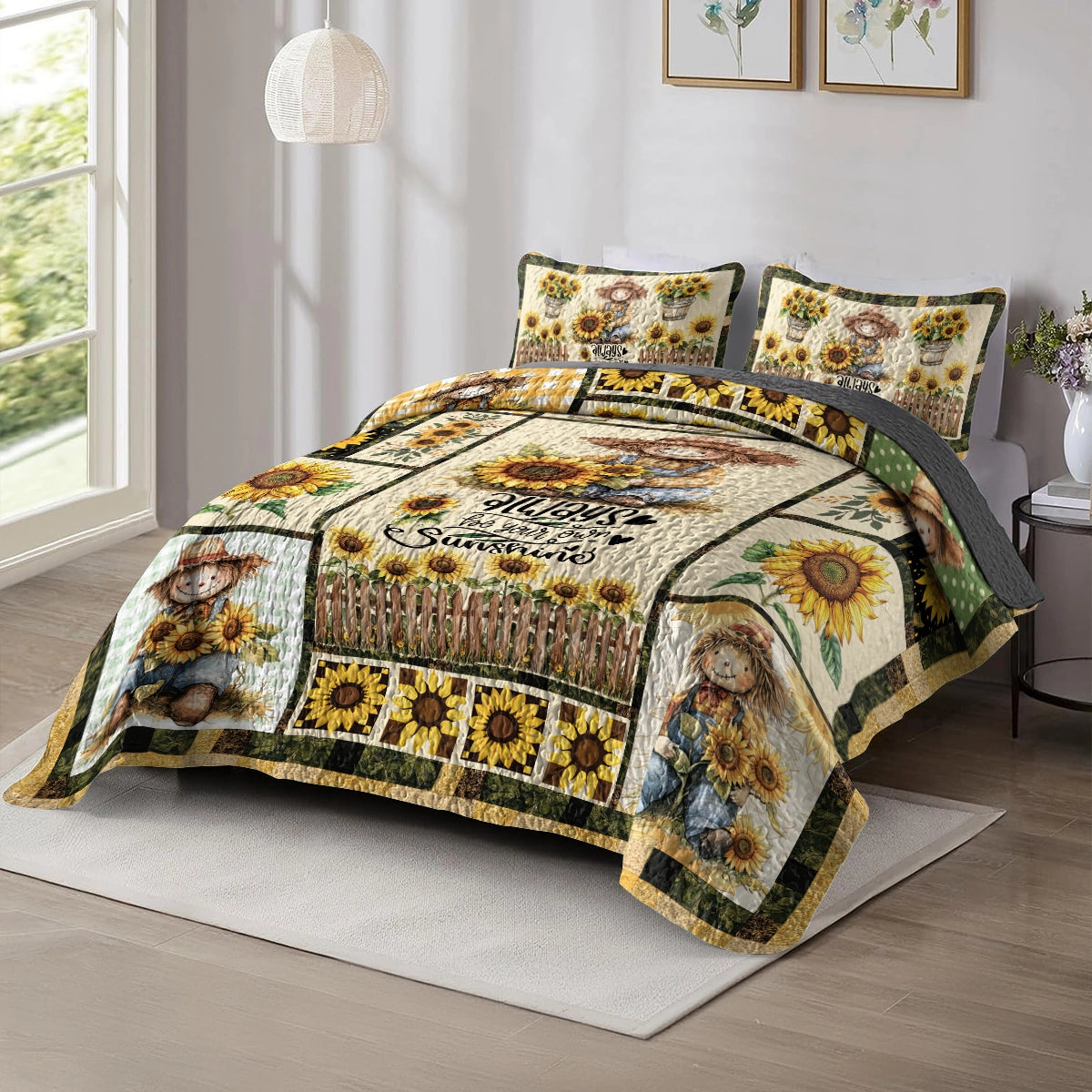 Shineful All Season Quilt 3-Piece Set Happy Sunflower Farm Scarecrow