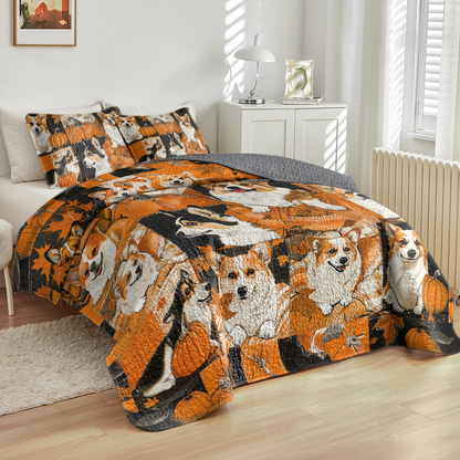 Shineful All Season Quilt 3-Piece Set Fluffy Corgi Autumn