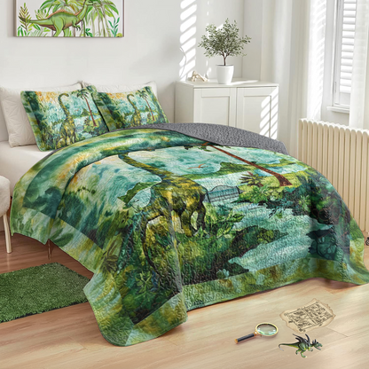 Shineful All Season Quilt 3-Piece Set Green Brachiosaurus Dinosaur