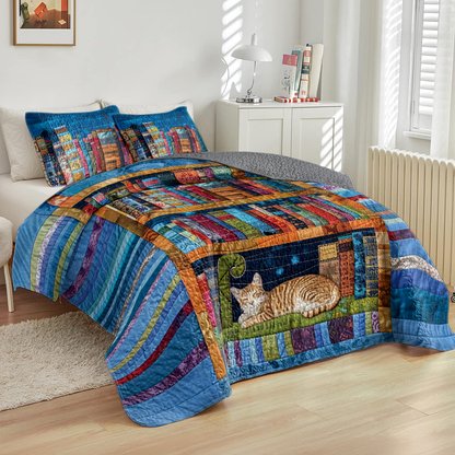 Shineful All Season Quilt 3-Piece Set Bookish Bookshelf Cat