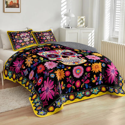 Shineful All Season Quilt 3-Piece Set - Vibrant Skull Floral