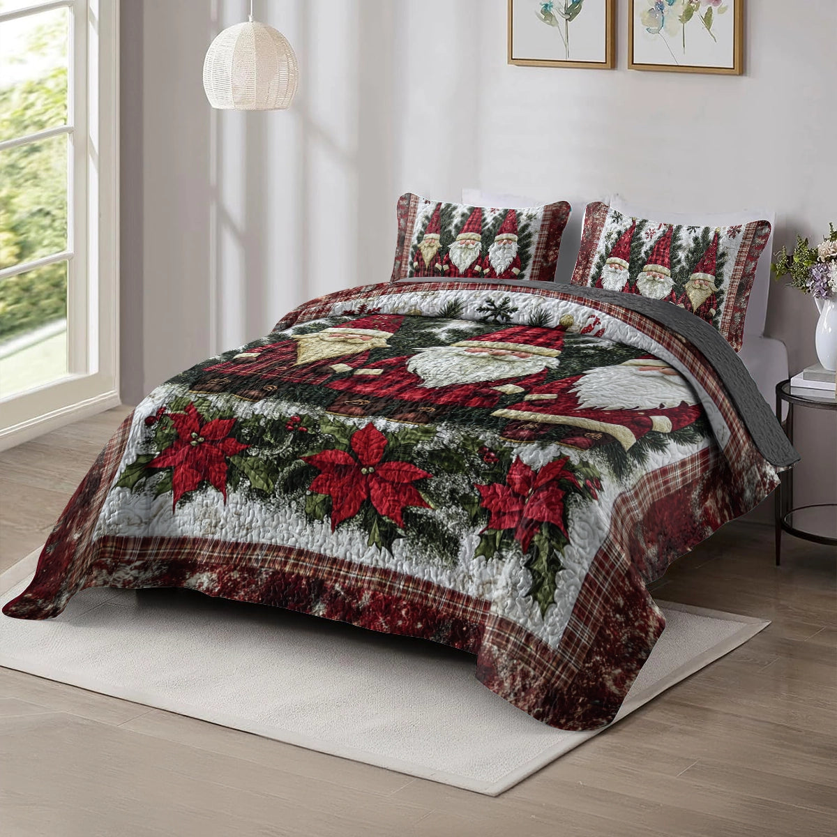 Shineful All Season Quilt 3-Piece Set Christmas Plaid Gnome Wonderland