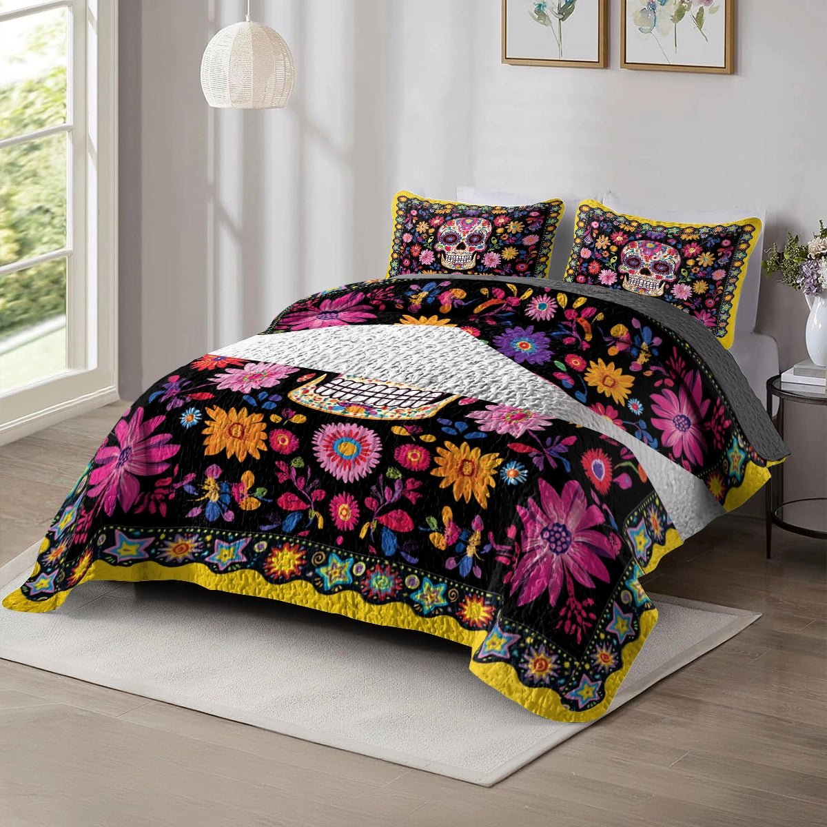 Shineful All Season Quilt 3-Piece Set - Vibrant Skull Floral