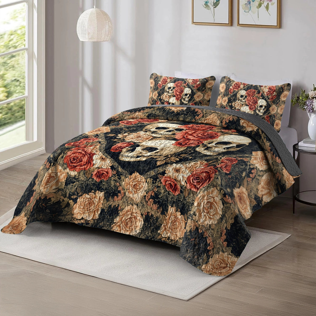 Shineful All Season Quilt 3-Piece Set Skull Dark Romance