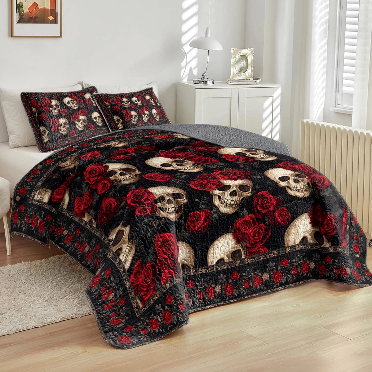 Shineful All Season Quilt 3-Piece Set - The Elegance Of Skulls