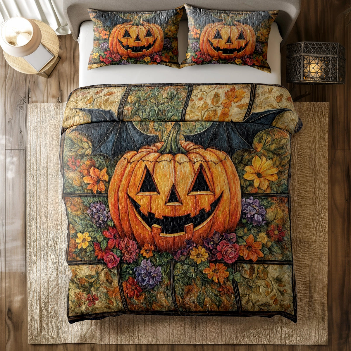 Shineful All Season Quilt 3-Piece Set - Autumn Harvest Jack-O'-Lantern