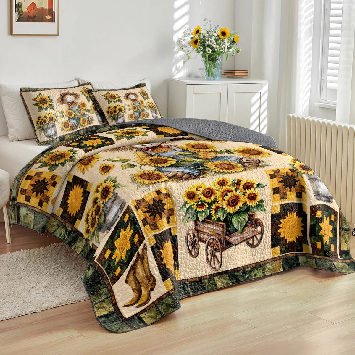 Shineful All Season Quilt 3-Piece Set Peaceful Farmhouse Sunflower