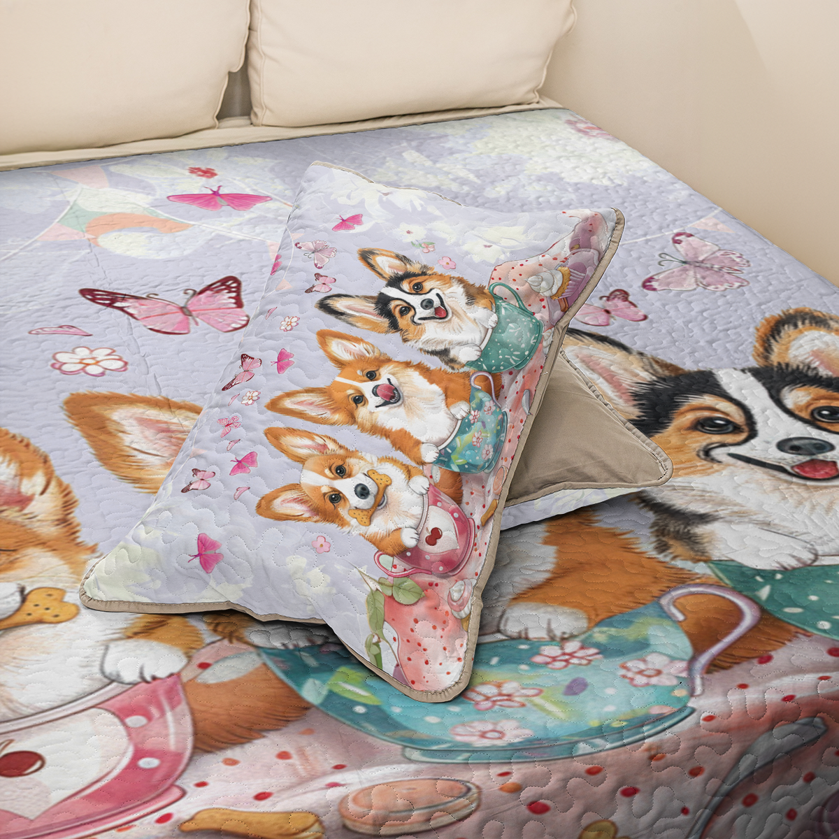 Shineful All Season Quilt 3-Piece Set Pink Tea Party Corgis