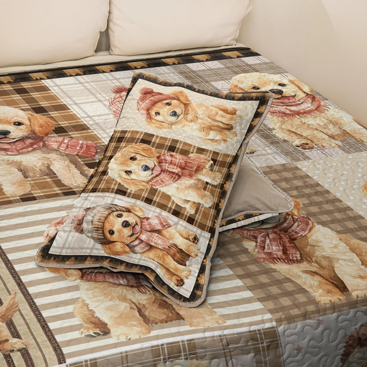 Shineful All Season Quilt 3-Piece Set Golden Retriever Puppies Cozy Moments