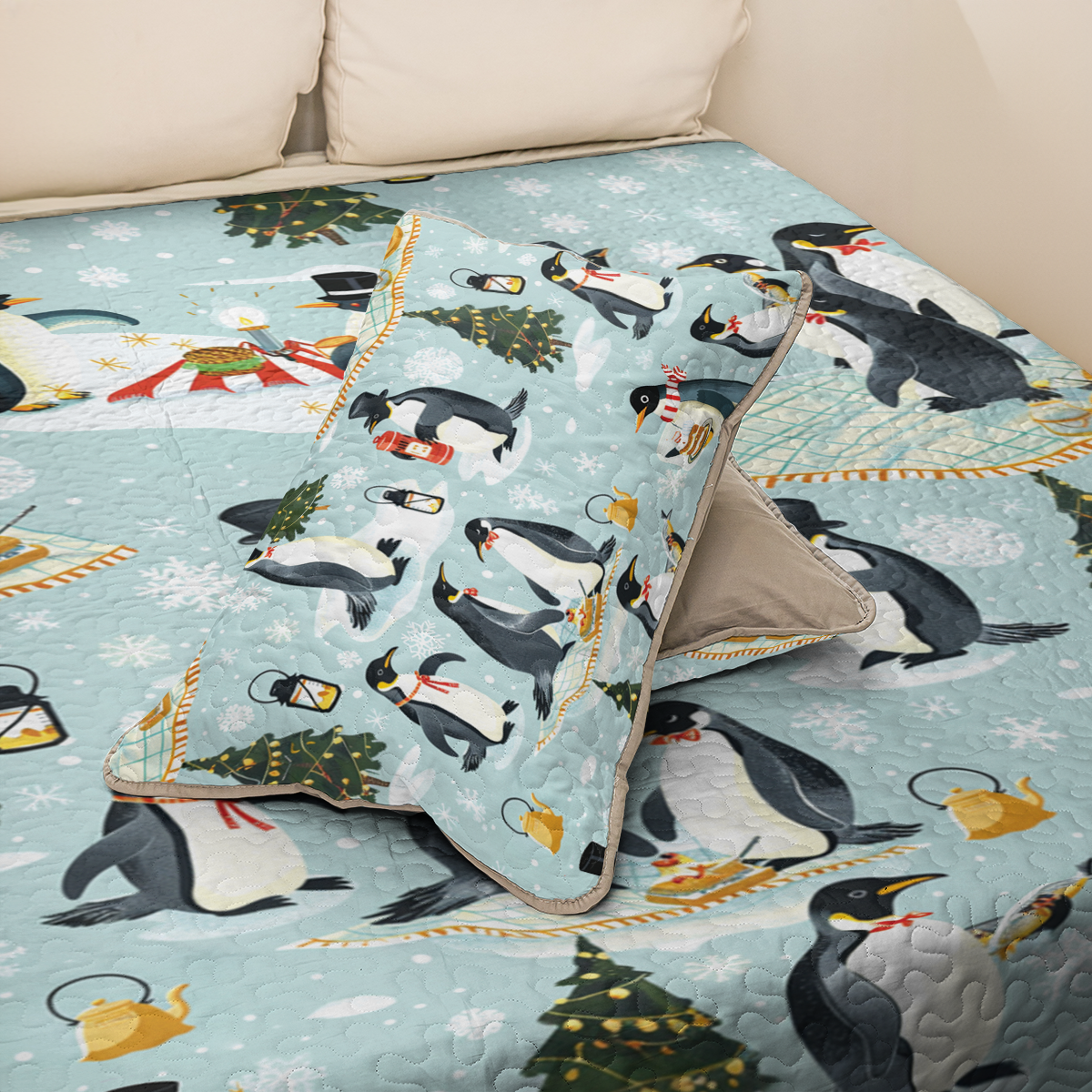 Shineful All Season Quilt 3-Piece Set Emperor Penguin Holiday Fun