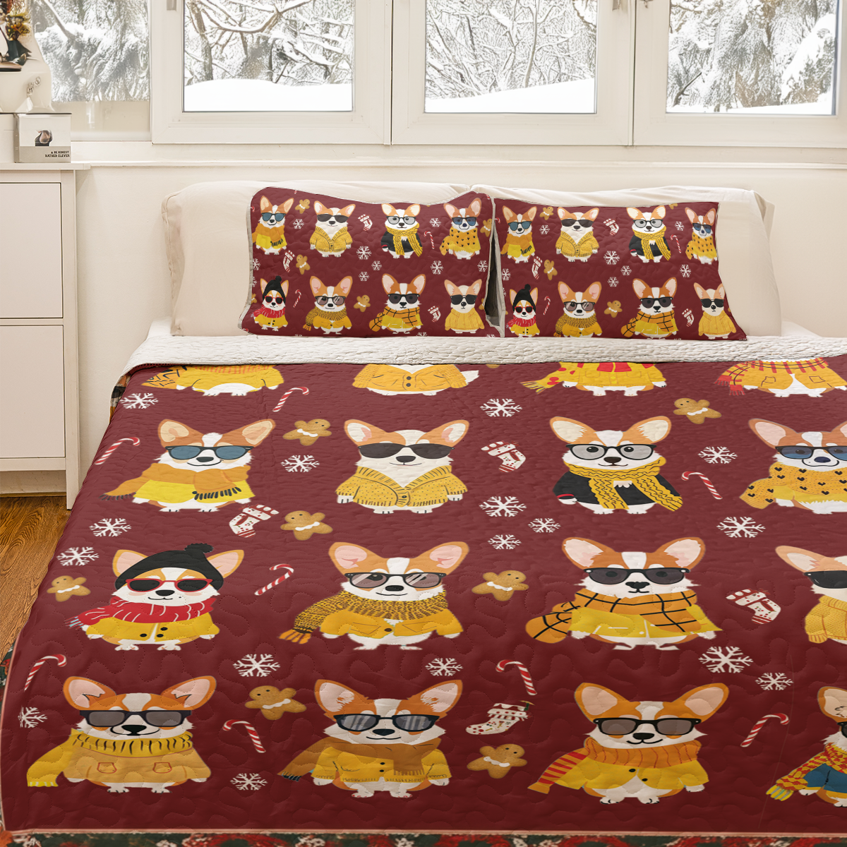 Shineful All Season Quilt 3-Piece Set Cozy Yellow Corgi