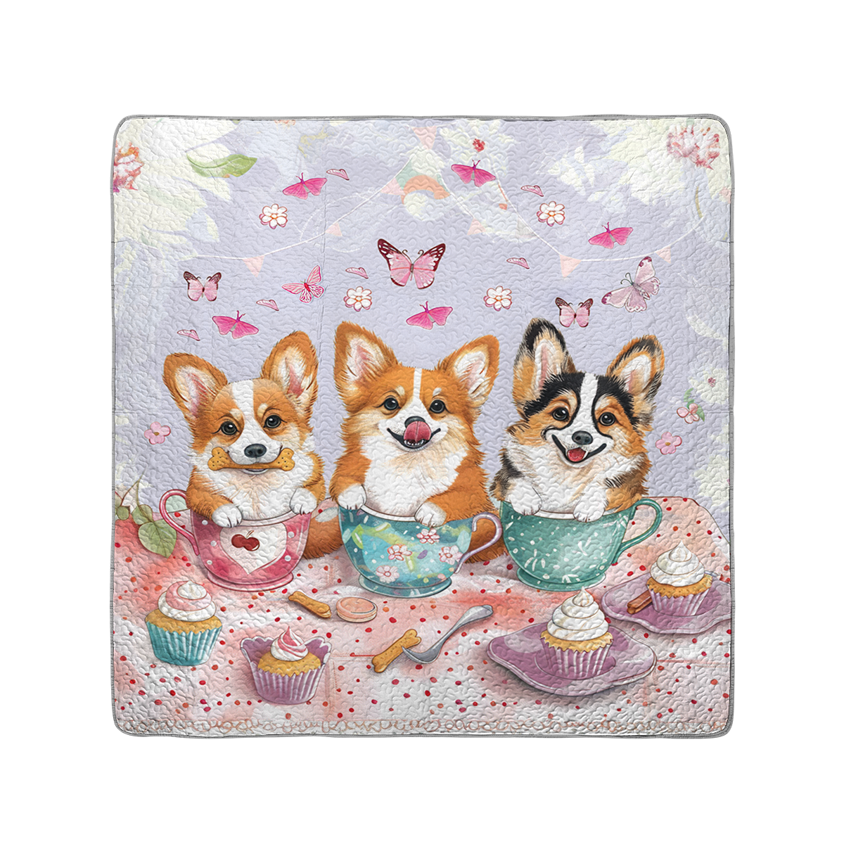 Shineful All Season Quilt 3-Piece Set Pink Tea Party Corgis