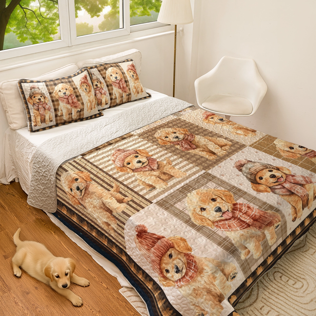 Shineful All Season Quilt 3-Piece Set Golden Retriever Puppies Cozy Moments