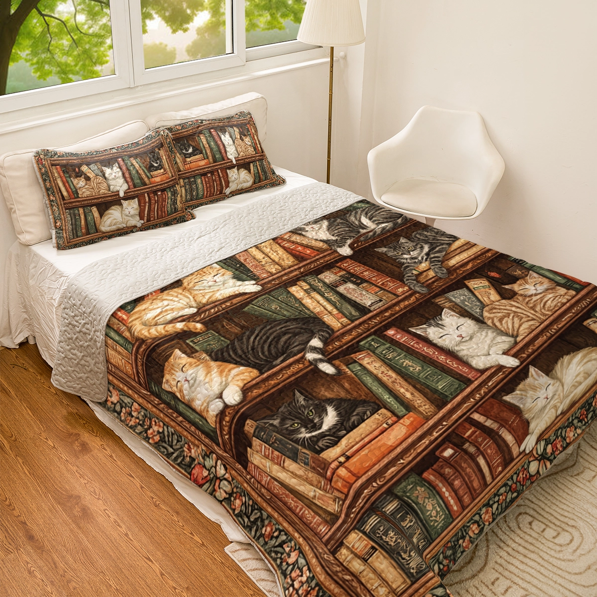 Shineful All Season Quilt 3-Piece Set Book Nook Cats Reading