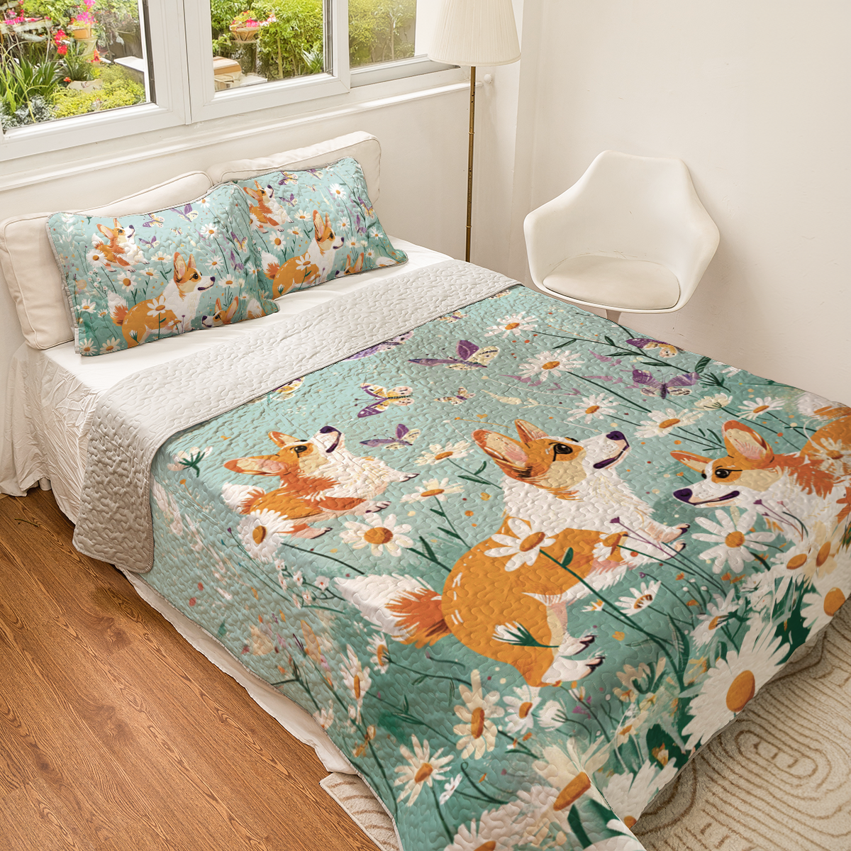 Shineful All Season Quilt 3-Piece Set Corgi Daisy Dreams