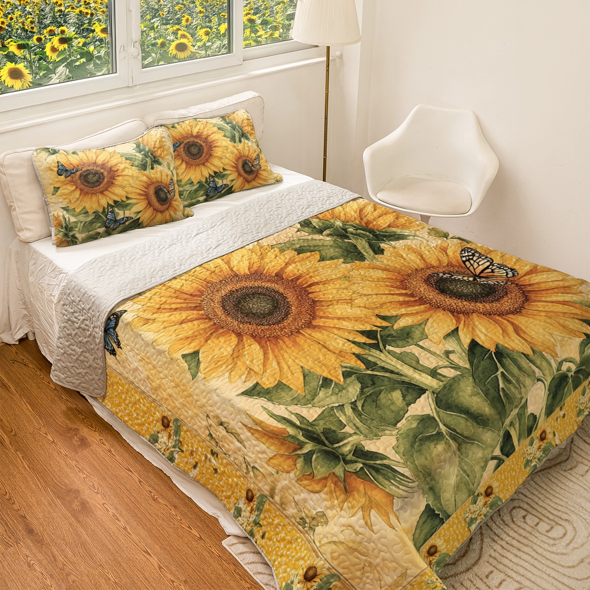 Ensemble de courtepointe toutes saisons Shineful 3 pièces - Golden Sunflower Dreams