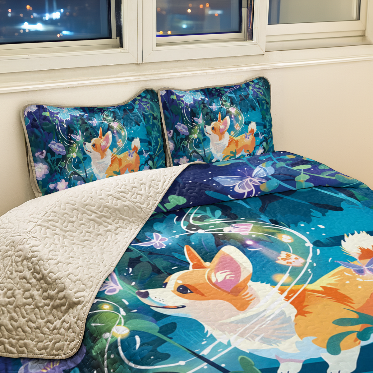 Shineful All Season Quilt 3-Piece Set Corgi Enchanted Garden