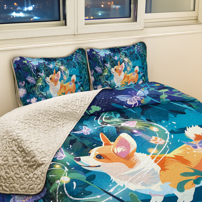 Shineful All Season Quilt 3-Piece Set Corgi Enchanted Garden