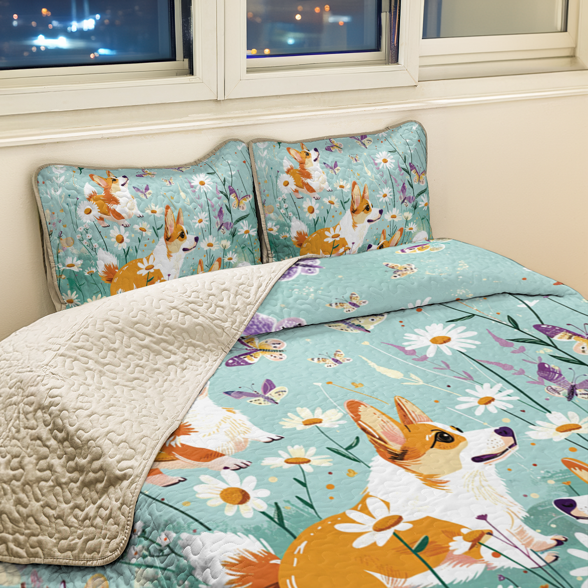 Shineful All Season Quilt 3-Piece Set Corgi Daisy Dreams