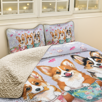 Shineful All Season Quilt 3-Piece Set Pink Tea Party Corgis