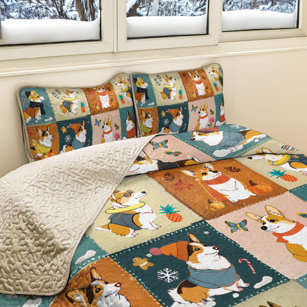 Shineful All Season Quilt 3-Piece Set Four Seasons Corgi Charm