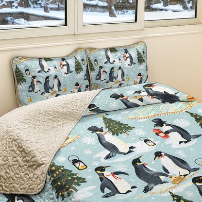 Shineful All Season Quilt 3-Piece Set Emperor Penguin Holiday Fun