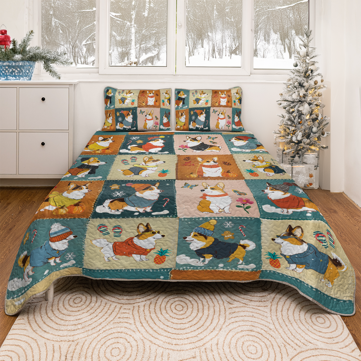 Shineful All Season Quilt 3-Piece Set Four Seasons Corgi Charm