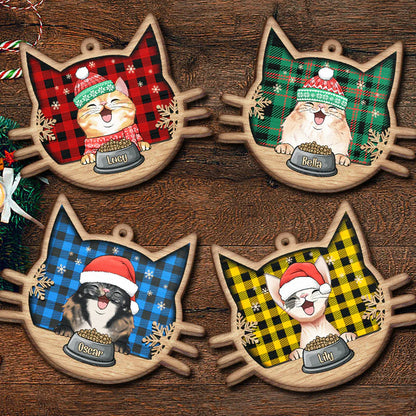 Glänzendes Dekorationsornament als Geschenk für Katzenliebhaber – „Fröhliche Katze an Weihnachten“ – personalisiertes Holzornament in Katzengesichtsform 