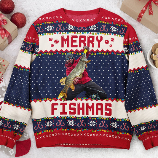 Shineful Merry Fishmas Gift For Fishing Lovers - Personalized Photo Ugly Sweater