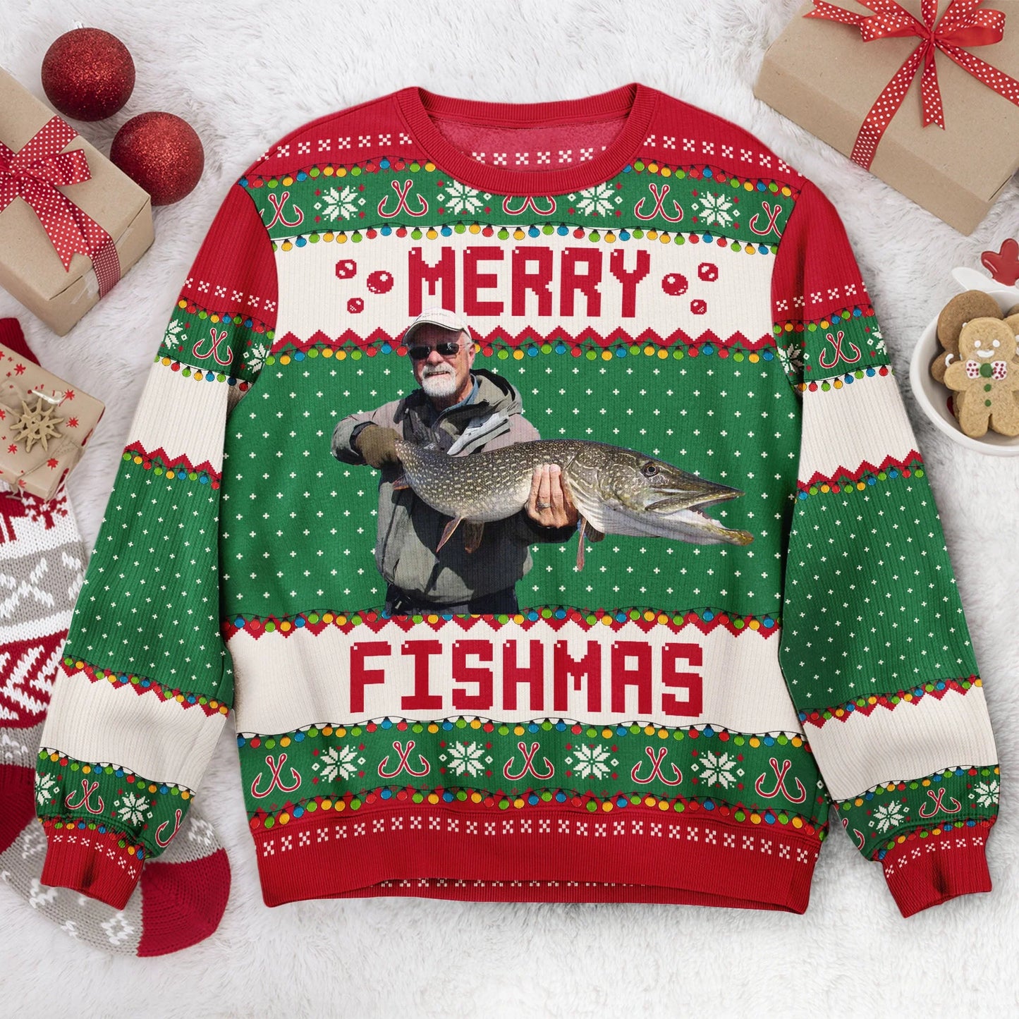 Shineful Merry Fishmas Gift For Fishing Lovers - Personalized Photo Ugly Sweater