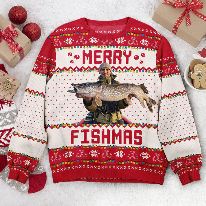 Shineful Merry Fishmas Gift For Fishing Lovers - Personalized Photo Ugly Sweater