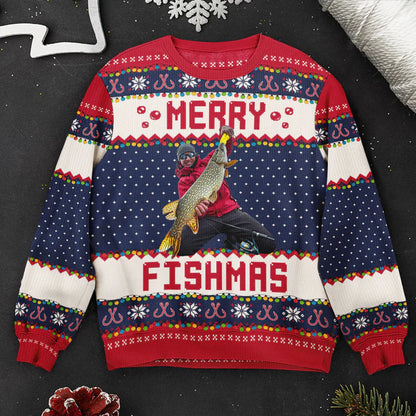 Shineful Merry Fishmas Gift For Fishing Lovers - Personalized Photo Ugly Sweater