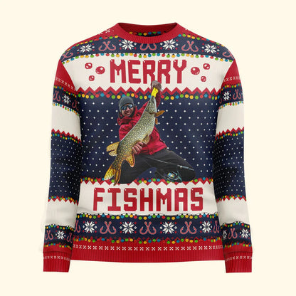 Shineful Merry Fishmas Gift For Fishing Lovers - Personalized Photo Ugly Sweater