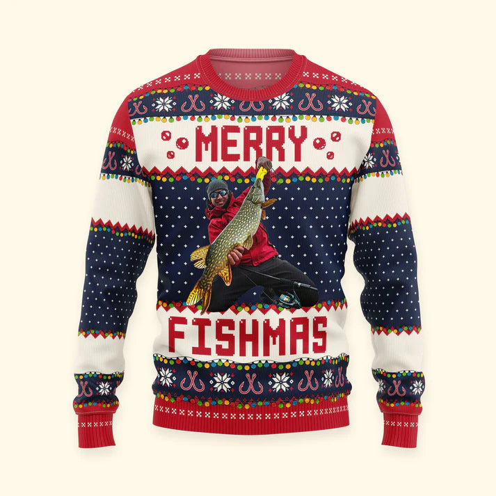 Shineful Merry Fishmas Gift For Fishing Lovers - Personalized Photo Ugly Sweater