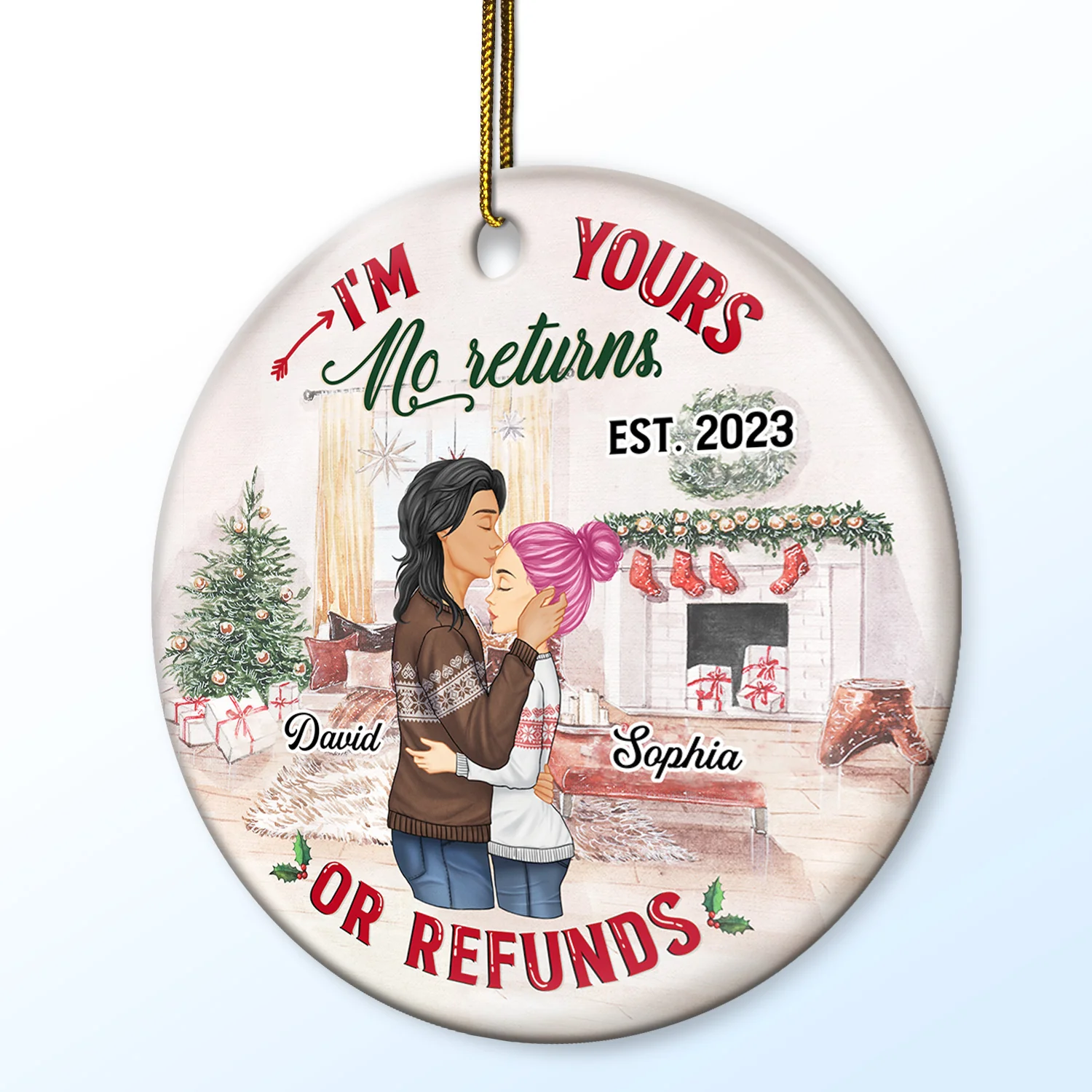 No Returns Or Refunds - Christmas Gift For Couples Personalized Custom Circle Ceramic Ornament