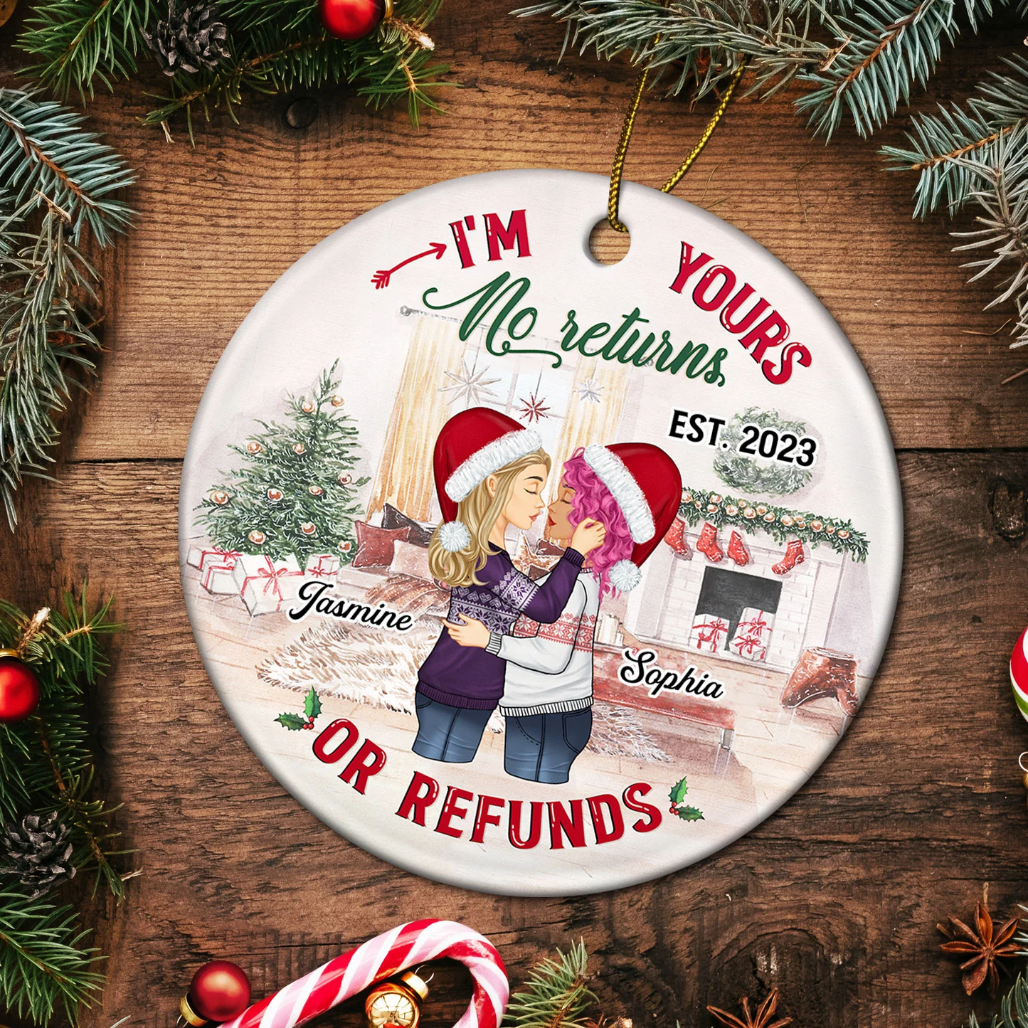 No Returns Or Refunds - Christmas Gift For Couples Personalized Custom Circle Ceramic Ornament