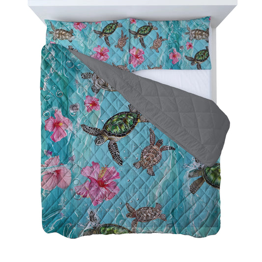 Shineful Quilt 3-Piece Set Sea Turtle Hibiscus