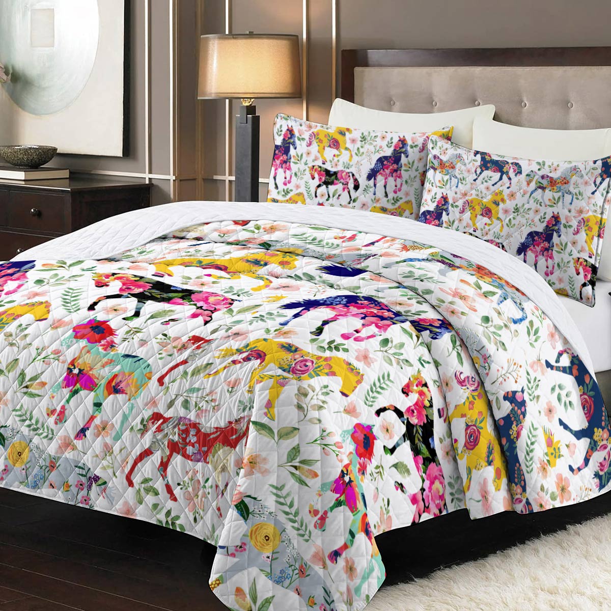 Shineful All Season Quilt 3-Piece Set Floral Horse