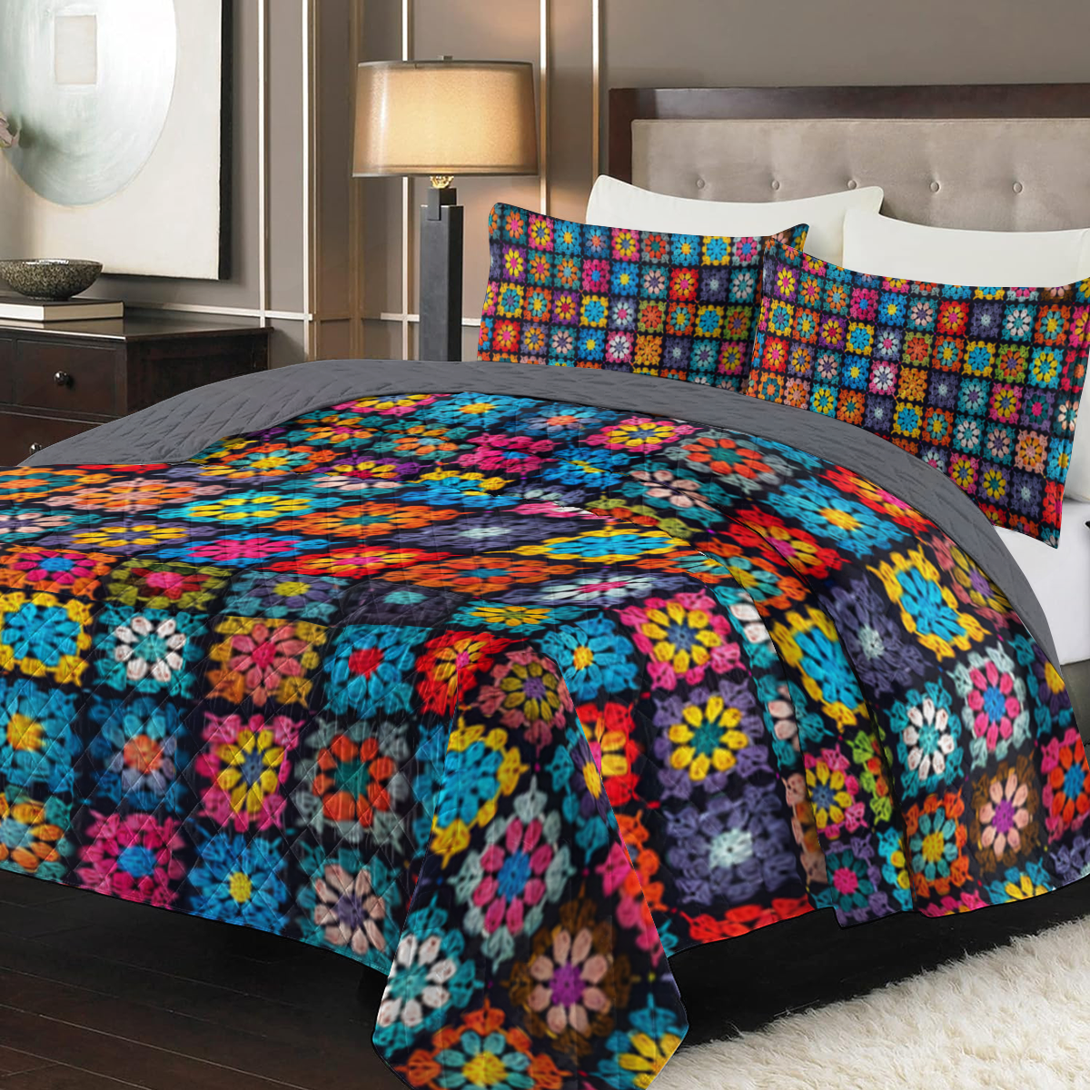 Shineful All Season Quilt 3-Piece Set Crochet Granny/Mom Square Blanket