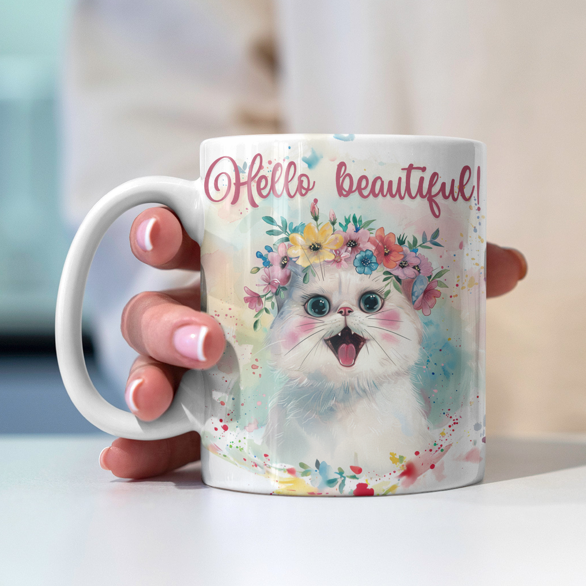 Shineful Ceramic Mug Hello Beautiful Cute Cat