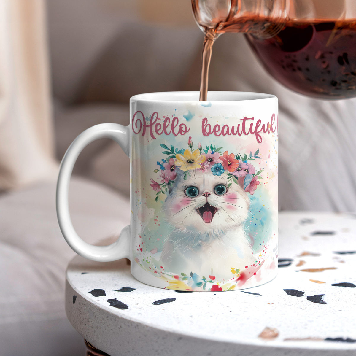 Tasse en céramique brillante Bonjour beau chat mignon