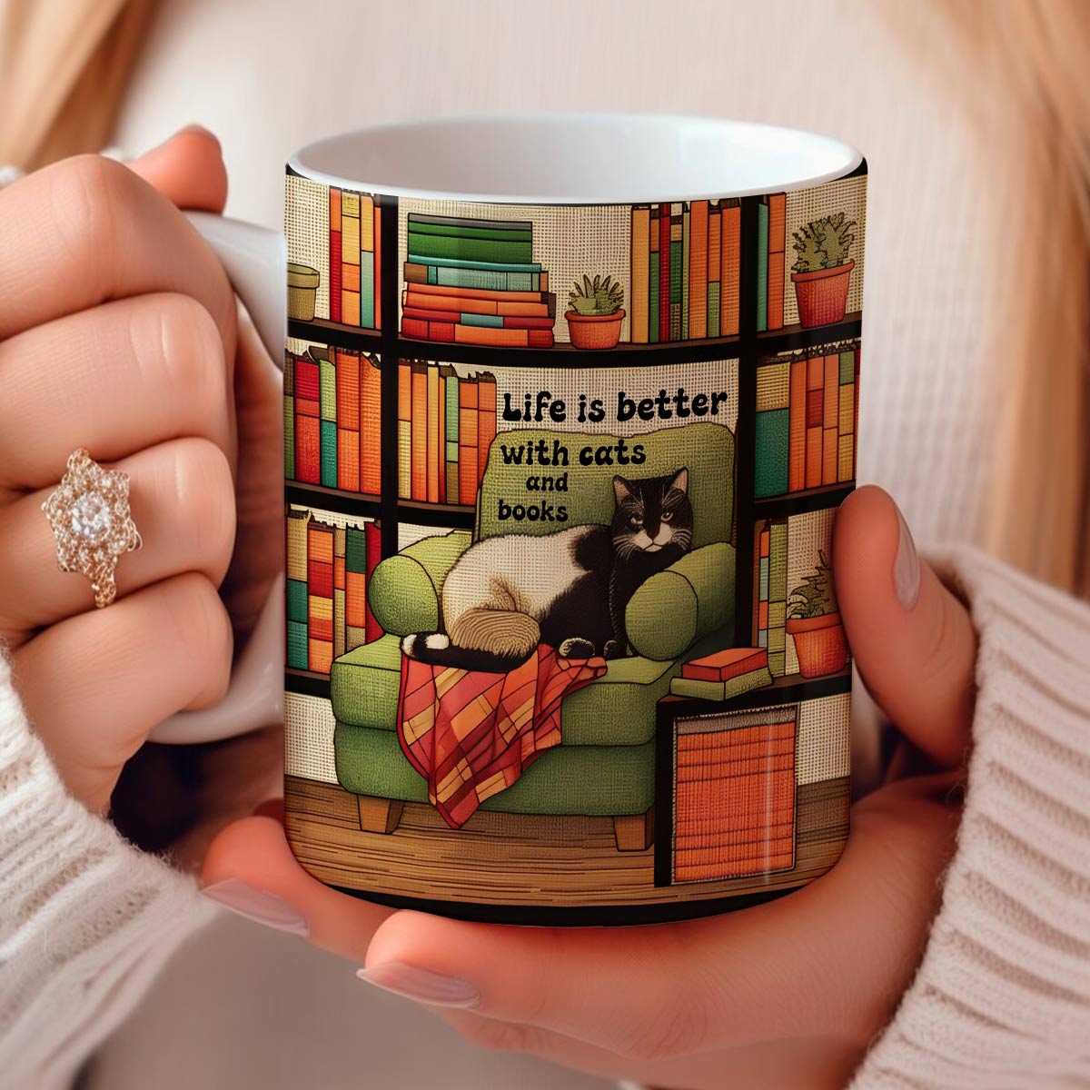 Tasse en céramique brillante Chat et livre